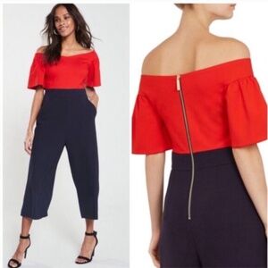 Ted Baker Juliaaa Sculpted Sleeve Crop Off Shoulders Jumpsuit In Navy and Red